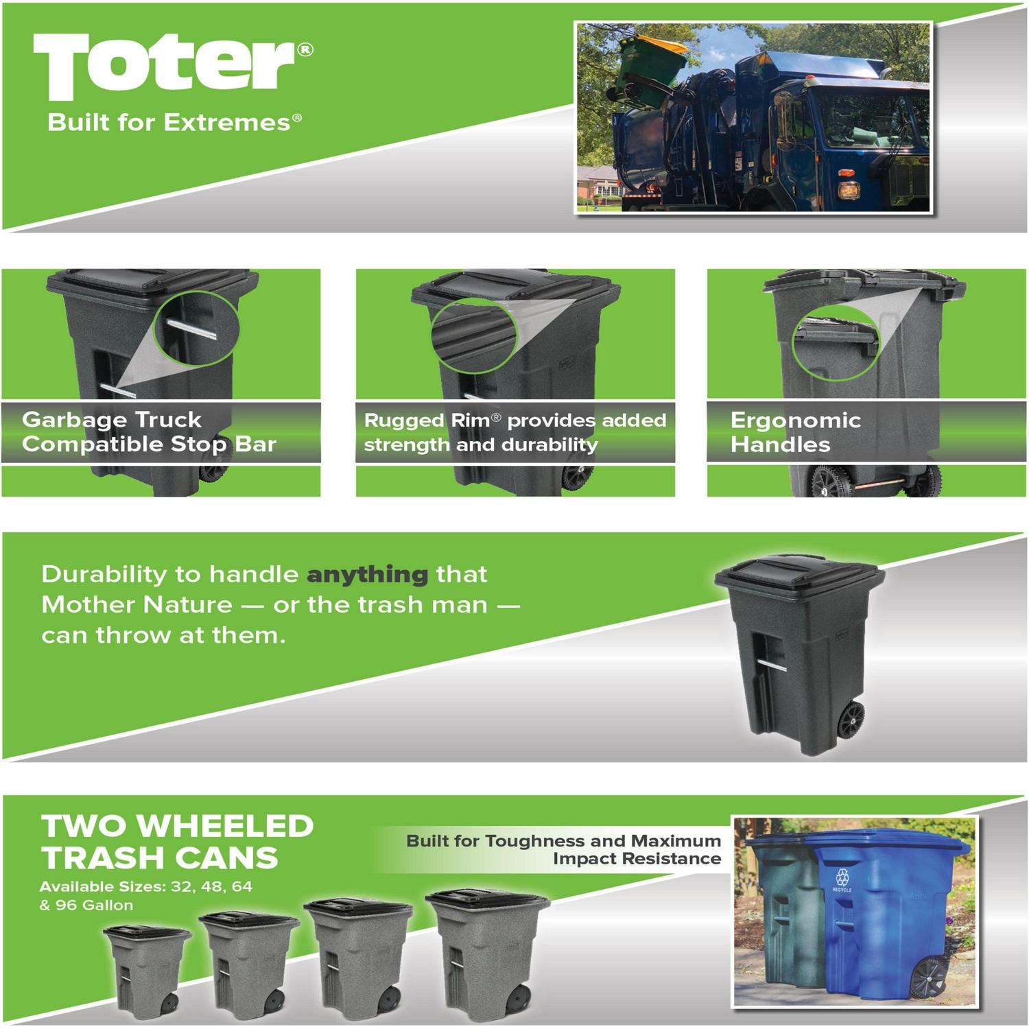 Toter 32 Gal. Blue Recycling Container with Wheels and Lid - Image 4