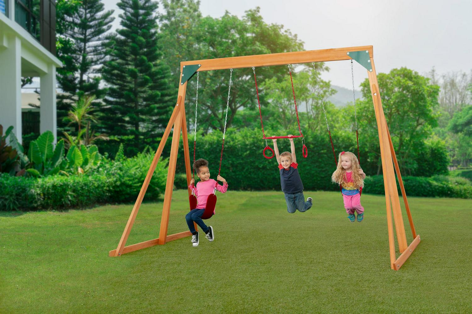 Trailside Cedar Swingset with Belt Swings and Trapeze Bar, All Wood, Hardware, and Assembly Instructions Included - Image 2