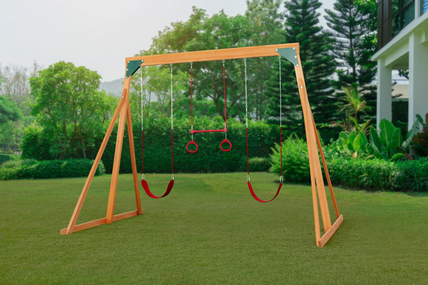 Trailside Cedar Swingset with Belt Swings and Trapeze Bar, All Wood, Hardware, and Assembly Instructions Included - Image 3