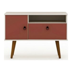 Tribeca 35.43 Mid-Century Modern TV Stand with Solid Wood Legs in Off White and Terra Orange Pink