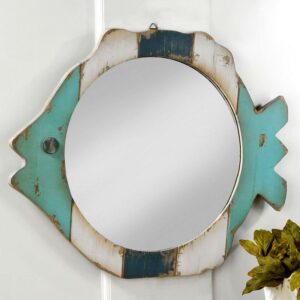 Tripar Rustic Wood Fish Wall Mirror, Blue & White