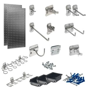 Triton Products® (2) 18 In. W x 36 In. H x 9/16 In. D 304 Stainless Steel Square Hole Pegboards with 32 pc. Stainless LocHook Assortment & (3) Plastic Hanging Bins