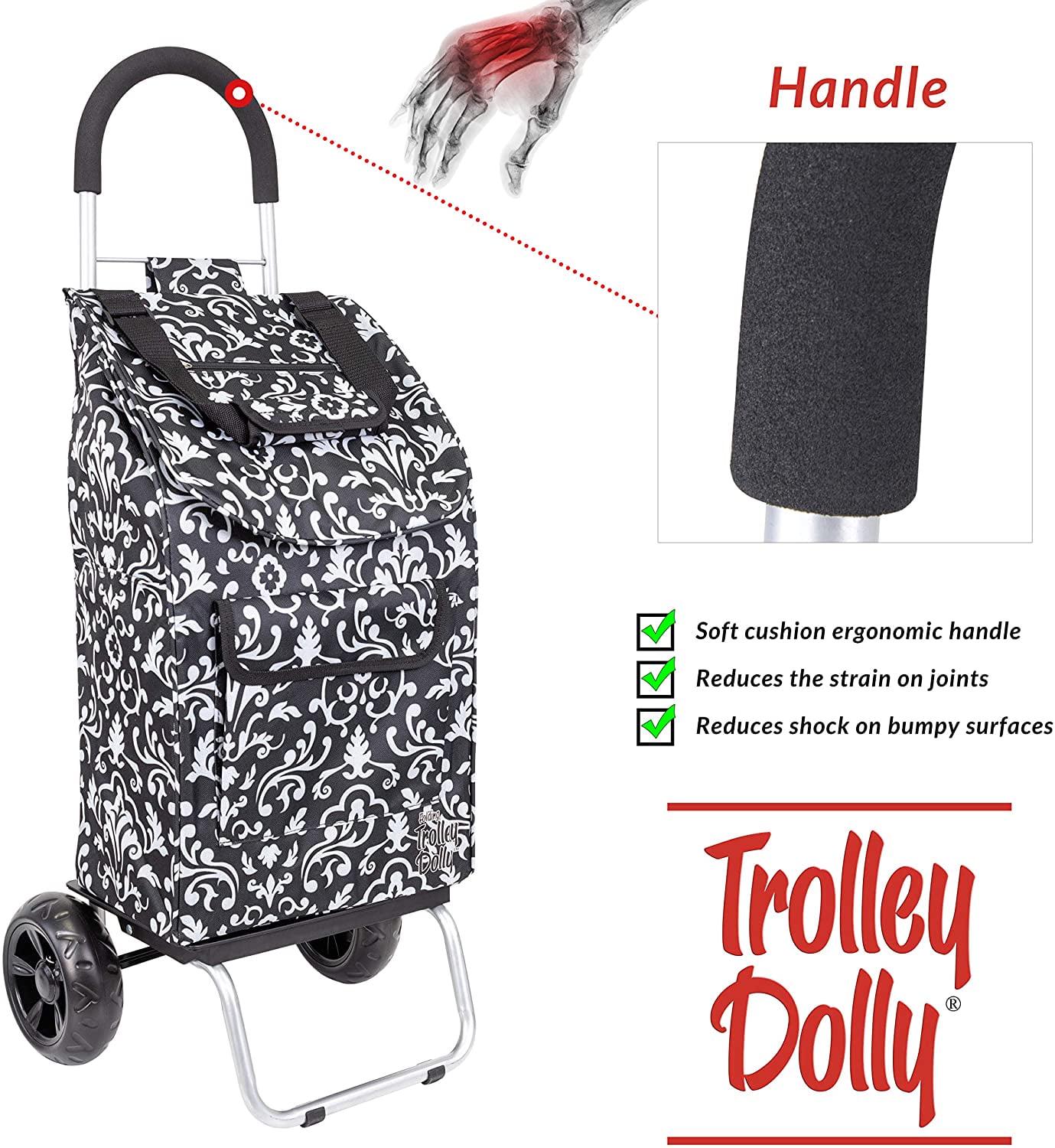 Trolley Dolly, Foldable Shopping cart for Groceries with Wheels, Removable Bag and Rolling Personal Handtruck, Damask