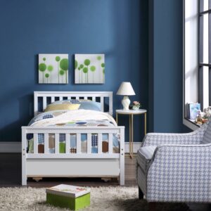 Twin Bed Frame with Trundle, Sweden Solid Pine Wood Kids Twin Platform Bed Frame, Pull-out Combination Bed with Casters, Bedroom Twin Bed with Headboard for Adults, White, 79.5L*42W*33.5H
