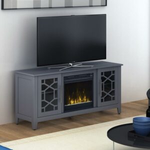 Twin Star Home Elmhurst Fireplace TV Stand for TVs up to 60" with ClassicFlame Technology & Glass Doors, Cool Gray