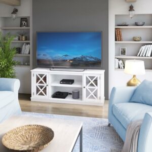 Twin Star Home Modern Farmhouse TV Stand for TVs up to 65” with Glass Doors, White