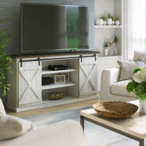 Twin Star Home Sliding Barn Door Farmhouse TV Stand for TVs up to 70" , Old Wood White