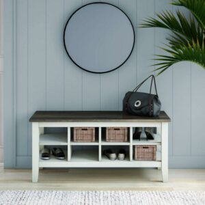 Twin Star Home Two-Tone Storage Bench with Planked Top in Old Wood White, 40”W x 15.5”D x 17.8”H