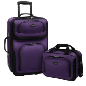 U.S. Traveler Rio Rugged Fabric Expandable Rolling Carry-on Luggage Set w/ Tote, Purple, 2-Piece (21/10)