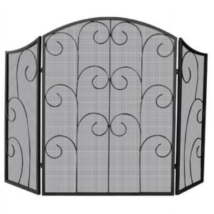 UniFlame S-1015 3 Panel Black Wrought Iron Screen With Decorative Scroll