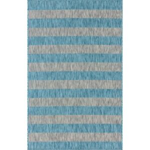 Unique Loom Outdoor Striped Collection Area Rug - Distressed Stripe (5' 1" x 8' Rectangle Light Aqua/Gray)