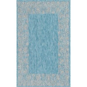 Unique Loom Outdoor Border Collection Area Rug - Floral Border (5' 1" x 8' Rectangle Aqua/Ivory)