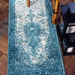 Unique Loom Midnight Bromley Rug Turquoise/Ivory 2' x 8' 8" Runner Medallion Shabby-Chic Perfect For Bathroom Hallway Mud Room Laundry Room