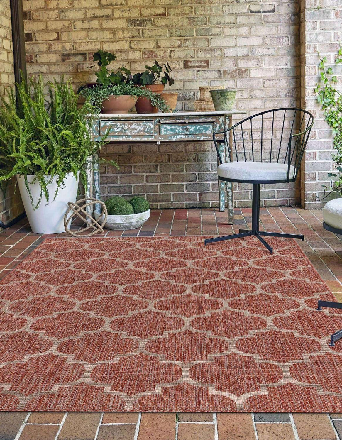 Unique Loom Outdoor Trellis Collection Area Rug (5' 3" x 8' Rectangle Rust Red/Ivory) - Image 3