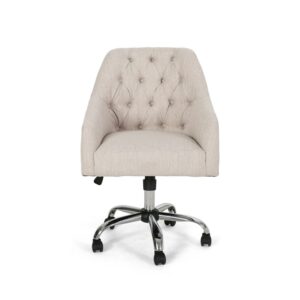 36" Beige and Silver Tufted Office Chair with Swivel Base