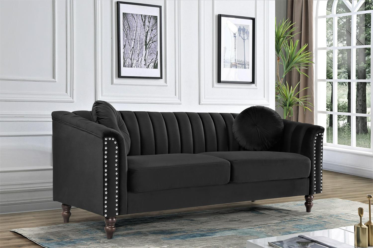 Uspridefurniture Hills Tufted Back Nailhead 75.2" Velvet Sofa, Black - Image 3