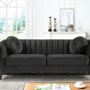 Uspridefurniture Hills Tufted Back Nailhead 75.2" Velvet Sofa, Black