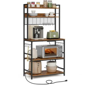 VASAGLE Kitchen Bakers Rack Storage Shelf with Power Outlet 66.59' H Rustic Brown & Black