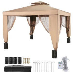 VEVOR 10x10ft Outdoor Intubated Canopy Gazebo Starter Kit, Equipped with Four Sandbags, Ground Spikes, Netting, Ropes, Carrying bag - Portable Brown Tent for Backyard, Patio and Lawn, Basic Version