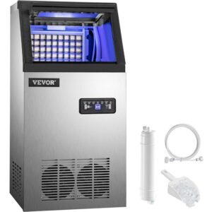 BENTISM 110V Commercial Ice Maker 140lbs/24h,Ice Machine with 33lbs Storage Stainless Steel Auto Clean for Bar Home Supermarkets Includes Scoop and Connection Hose