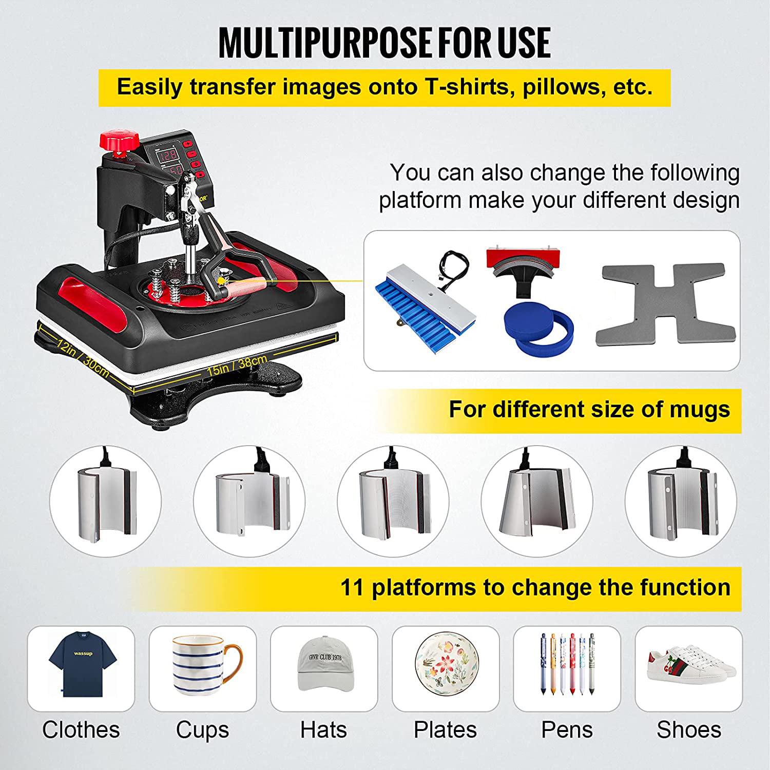 VEVOR 11 in 1 Heat Press, 15X12 Inch Multifunctional Clamshell Printer, 800W Digital Dual-Tube Heat Press Transfer Machine, 360°Swing Away Sublimation Machine for T-Shirt Hat Cap Mug Plate Pen Shoes - Image 3