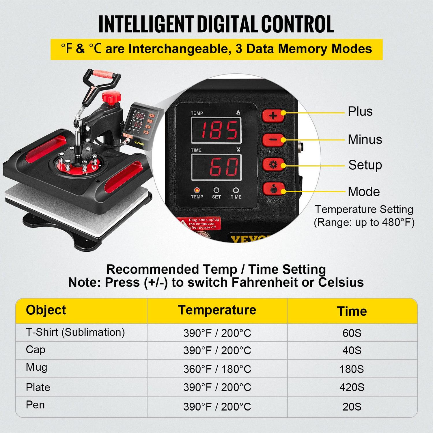 VEVOR 11 in 1 Heat Press, 15X12 Inch Multifunctional Clamshell Printer, 800W Digital Dual-Tube Heat Press Transfer Machine, 360°Swing Away Sublimation Machine for T-Shirt Hat Cap Mug Plate Pen Shoes - Image 4