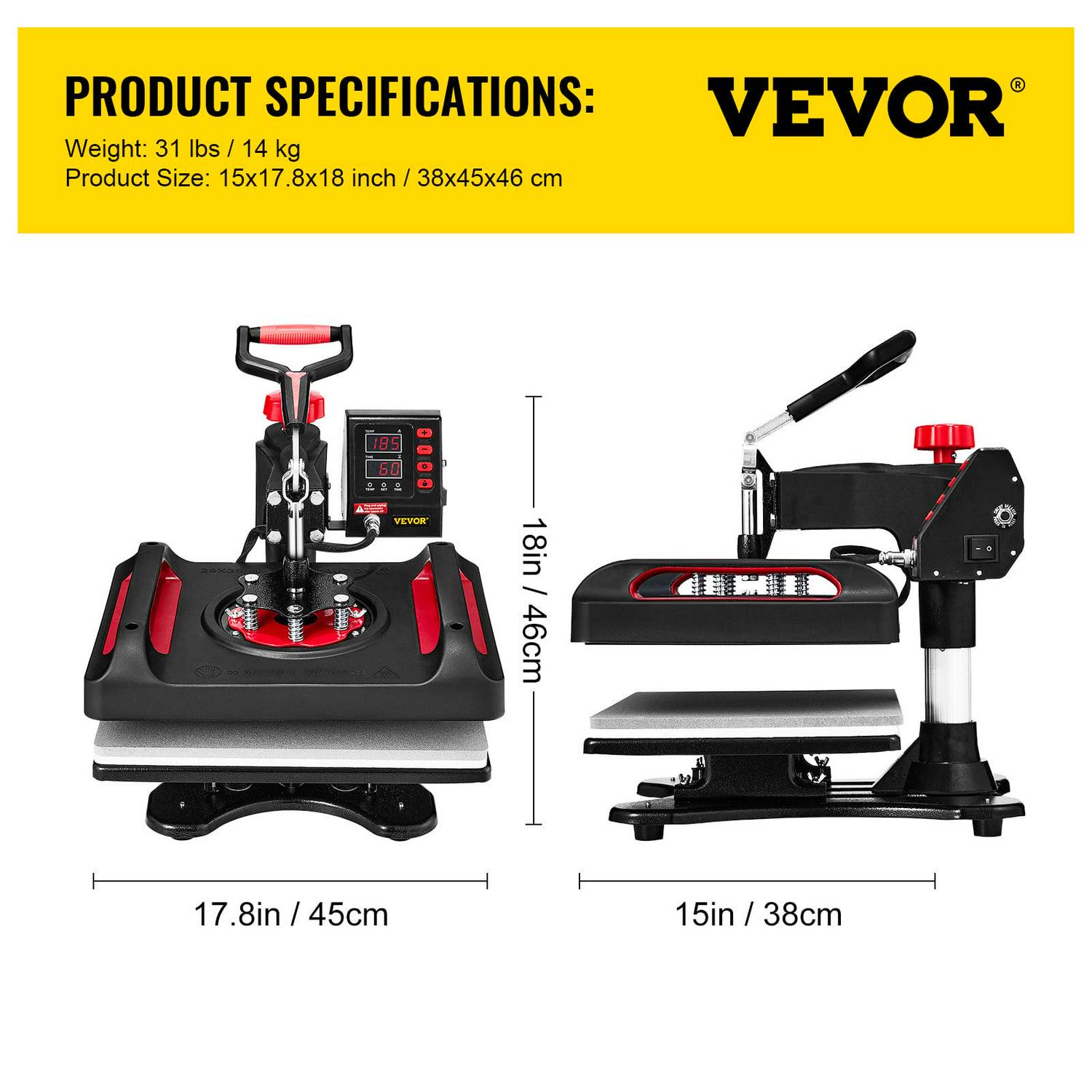 VEVOR 11 in 1 Heat Press, 15X12 Inch Multifunctional Clamshell Printer, 800W Digital Dual-Tube Heat Press Transfer Machine, 360°Swing Away Sublimation Machine for T-Shirt Hat Cap Mug Plate Pen Shoes - Image 7