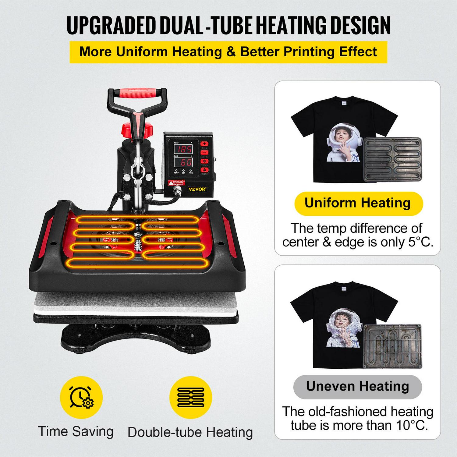 VEVOR 11 in 1 Heat Press, 15X12 Inch Multifunctional Clamshell Printer, 800W Digital Dual-Tube Heat Press Transfer Machine, 360°Swing Away Sublimation Machine for T-Shirt Hat Cap Mug Plate Pen Shoes - Image 6