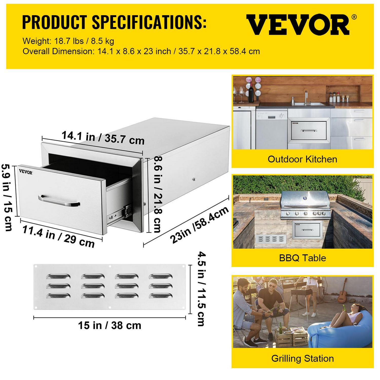 VEVOR 14x8.5 inch Outdoor Kitchen Drawers Stainless Steel, Flush Mount Double Drawers,14W x 8.5H x 23D Inch, with Stainless Steel Handle, BBQ Drawers for Outdoor Kitchens or BBQ Island - Image 7