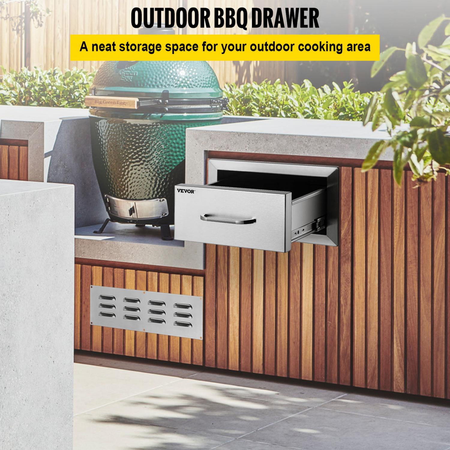 VEVOR 14x8.5 inch Outdoor Kitchen Drawers Stainless Steel, Flush Mount Double Drawers,14W x 8.5H x 23D Inch, with Stainless Steel Handle, BBQ Drawers for Outdoor Kitchens or BBQ Island - Image 2