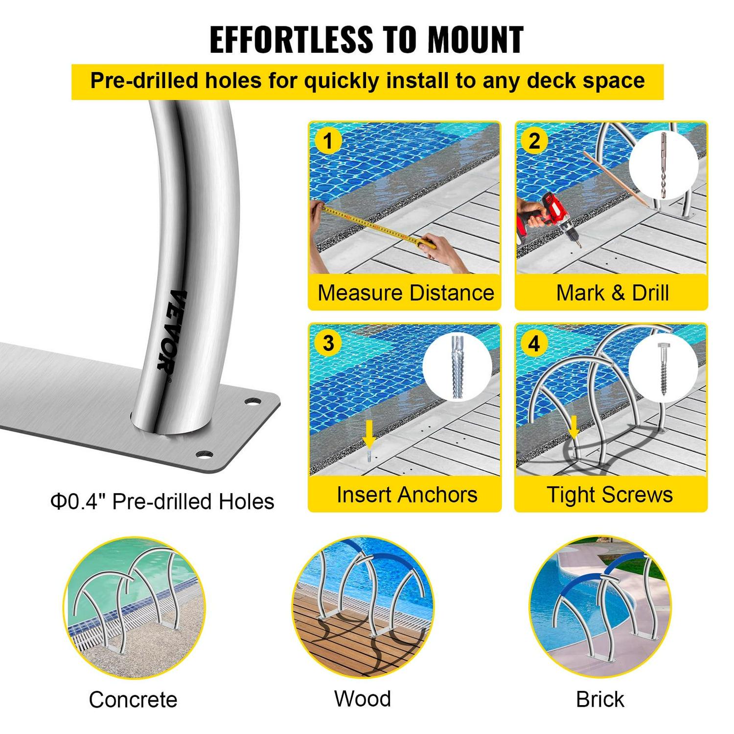 VEVOR Easy To Assemble In Ground Handrail Pool Ladders, Stainless Steel Silver, 375 lbs - Image 5