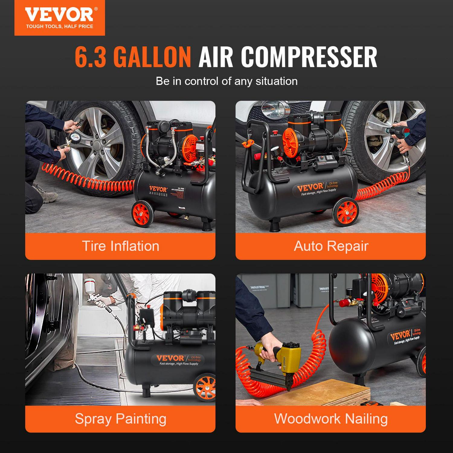 VEVOR 6.3 Gallon Air Compressor, 2 HP 3.35 CFM 90PSI Oil Free Air Compressor Tank & Max. 116PSI Pressure, 70 dB Ultra Quiet Compressor for Auto Repair, Tire Inflation, Spray Painting - Image 4