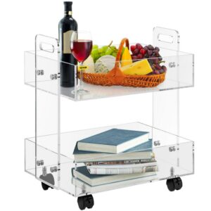VEVOR Acrylic Cart, 2 Tier, 0.3 in Thickened Board, Holds Up to 66 lbs, Acrylic Side Table with Lockable Swivel Wheels, for Office School Home, 13.4" x 15.7" x 19"