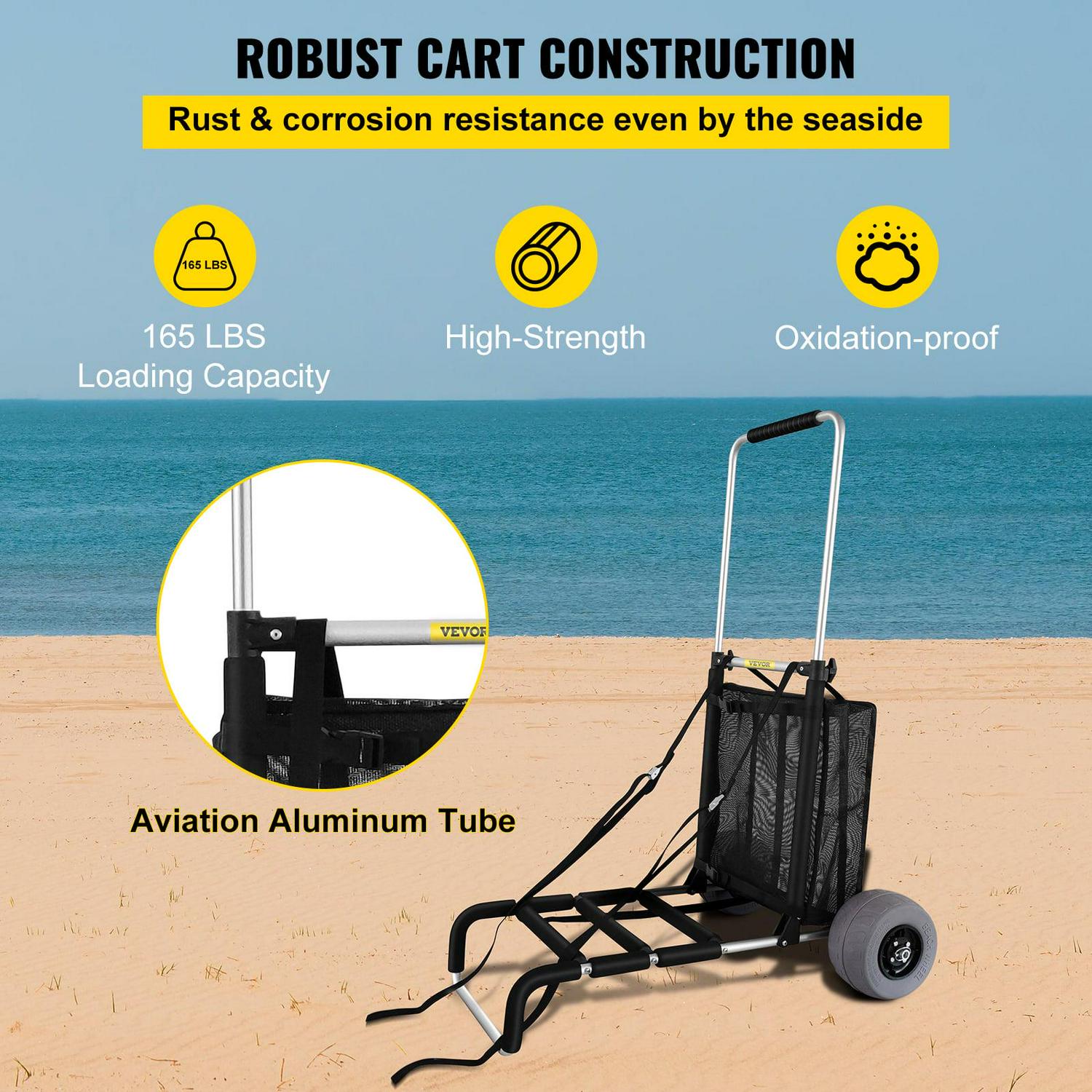 VEVOR Beach Carts for the Sand, w/ 10" PVC Balloon Wheels, 165LBS Loading Capacity Folding Sand Cart & 31.1'' to 49.6'' Adjustable Height, Heavy Duty Cart for Picnic, Fishing, Beach - Image 5
