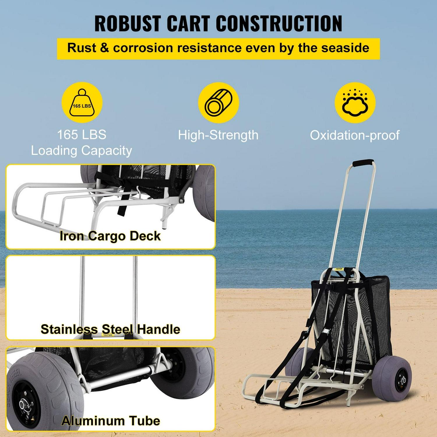 VEVOR Beach Carts for the Sand, w/ 10" PVC Balloon Wheels, 165Lbs Loading Capacity Folding Sand Cart & 29.5'' to 49.2'' Adjustable Height, Heavy Duty Cart for Picnic, Fishing, Beach - Image 5