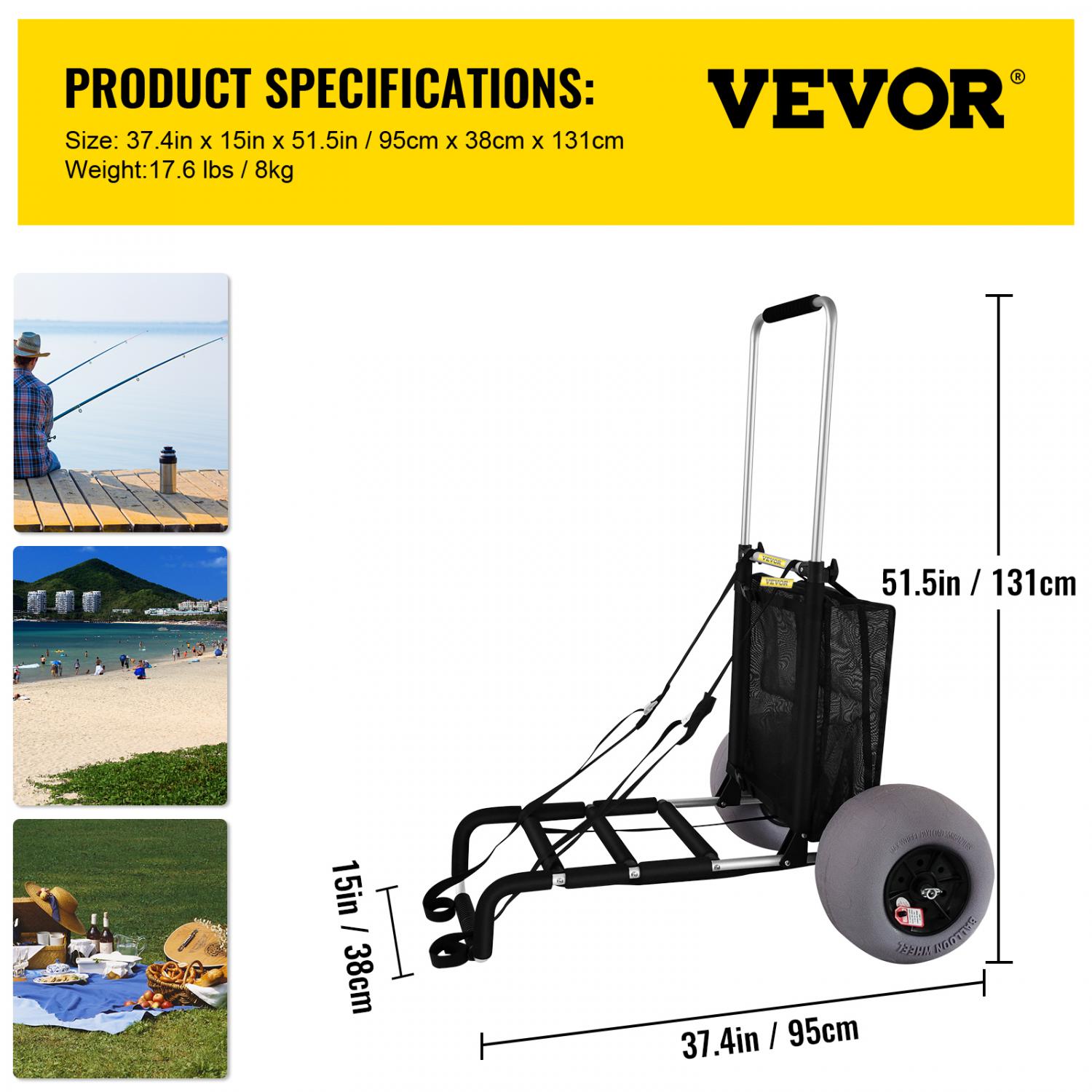 VEVOR Beach Carts for The Sand, w/ 12" TPU Balloon Wheels, 165Lbs Loading Capacity Folding Sand Cart & 33.1'' to 51.6'' Adjustable Height, Heavy Duty Aviation Aluminum Cart for Picnic - Image 7