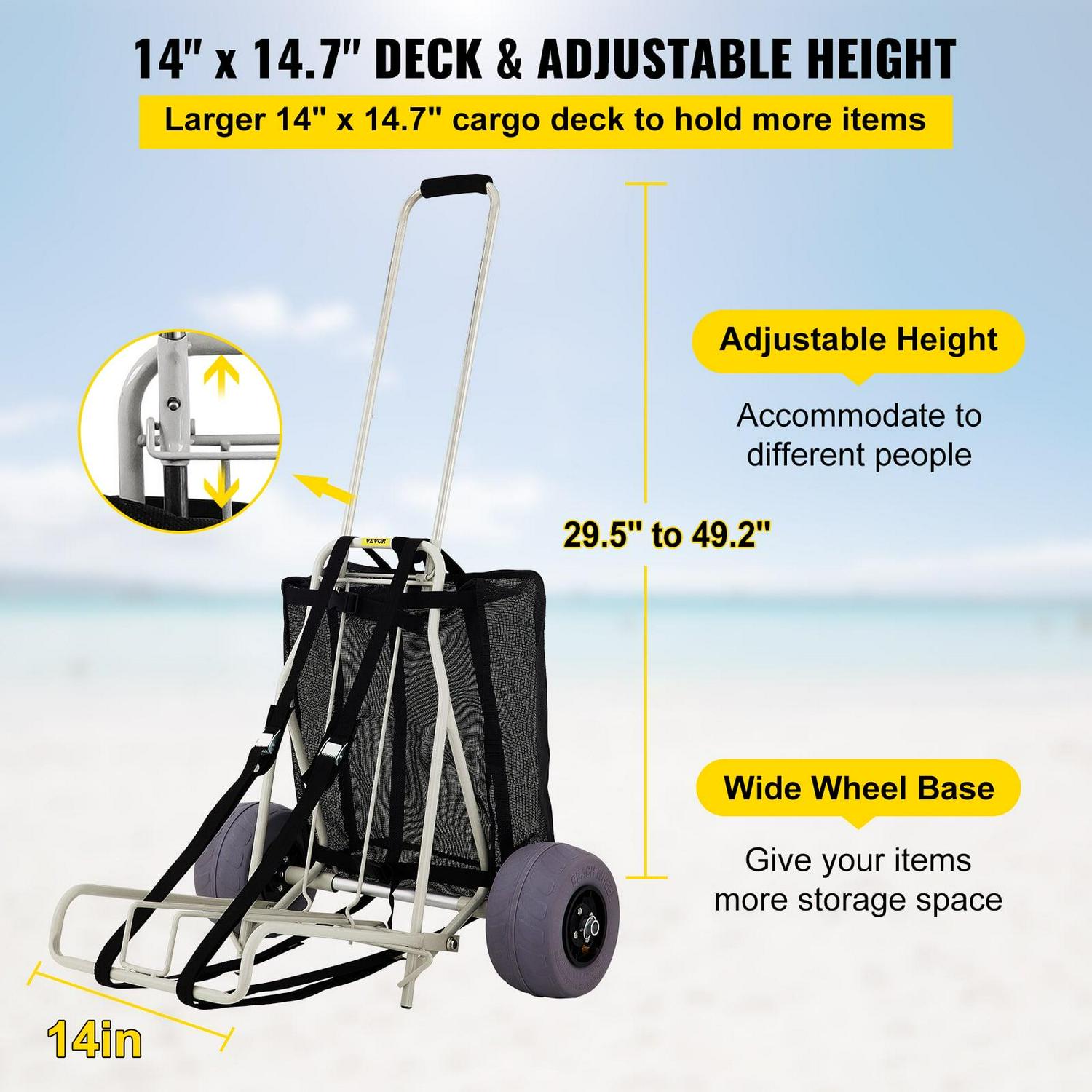 VEVOR Beach Carts for the Sand, w/ 10" PVC Balloon Wheels, 165Lbs Loading Capacity Folding Sand Cart & 29.5'' to 49.2'' Adjustable Height, Heavy Duty Cart for Picnic, Fishing, Beach - Image 3