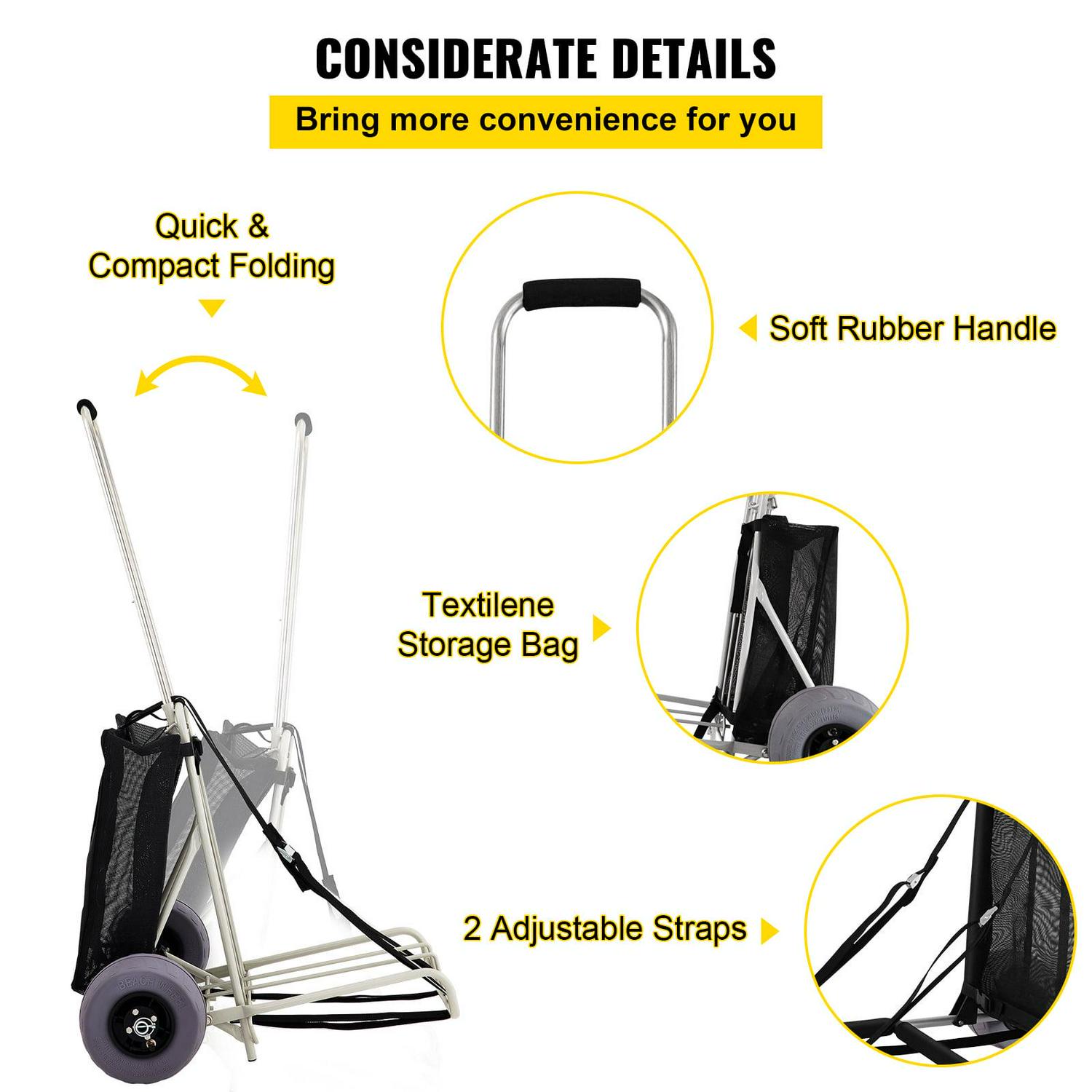 VEVOR Beach Carts for the Sand, w/ 10" PVC Balloon Wheels, 165Lbs Loading Capacity Folding Sand Cart & 29.5'' to 49.2'' Adjustable Height, Heavy Duty Cart for Picnic, Fishing, Beach - Image 6