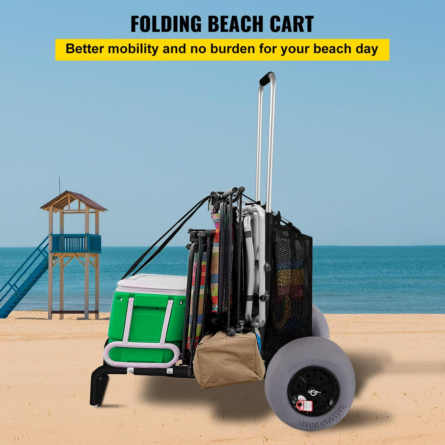 VEVOR Beach Carts for The Sand, w/ 12" TPU Balloon Wheels, 165Lbs Loading Capacity Folding Sand Cart & 33.1'' to 51.6'' Adjustable Height, Heavy Duty Aviation Aluminum Cart for Picnic - Image 2
