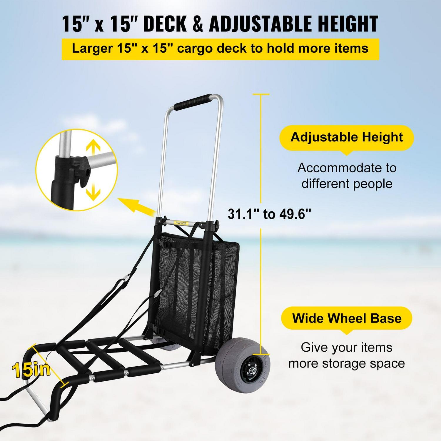 VEVOR Beach Carts for the Sand, w/ 10" PVC Balloon Wheels, 165LBS Loading Capacity Folding Sand Cart & 31.1'' to 49.6'' Adjustable Height, Heavy Duty Cart for Picnic, Fishing, Beach - Image 3