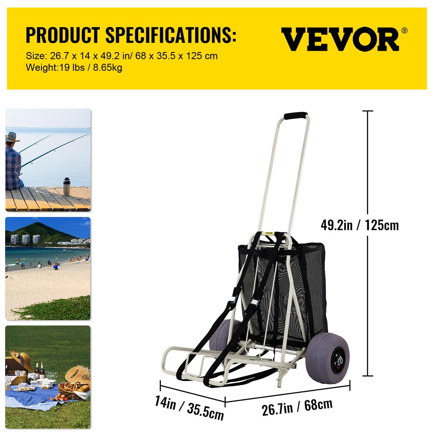 VEVOR Beach Carts for the Sand, w/ 10" PVC Balloon Wheels, 165Lbs Loading Capacity Folding Sand Cart & 29.5'' to 49.2'' Adjustable Height, Heavy Duty Cart for Picnic, Fishing, Beach - Image 7