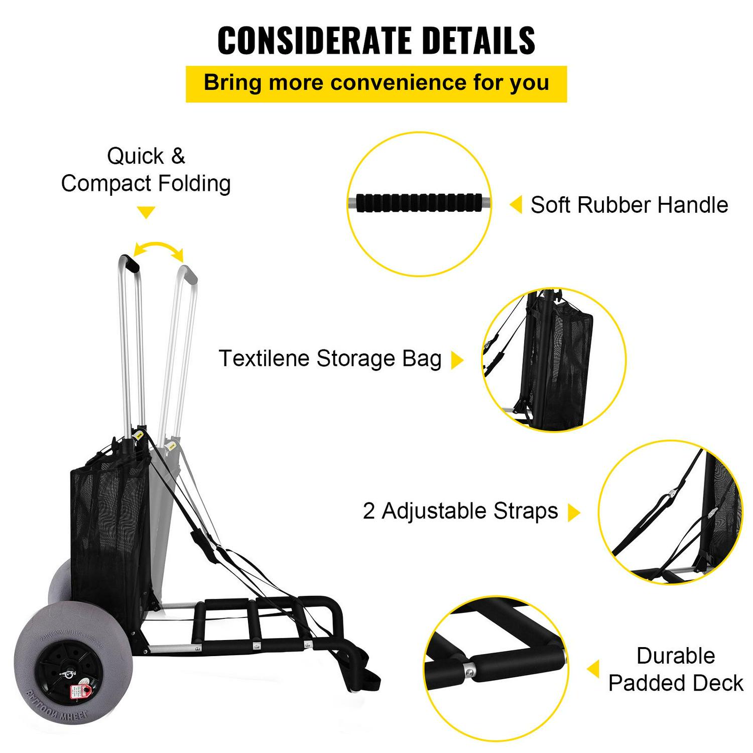 VEVOR Beach Carts for The Sand, w/ 12" TPU Balloon Wheels, 165Lbs Loading Capacity Folding Sand Cart & 33.1'' to 51.6'' Adjustable Height, Heavy Duty Aviation Aluminum Cart for Picnic - Image 6