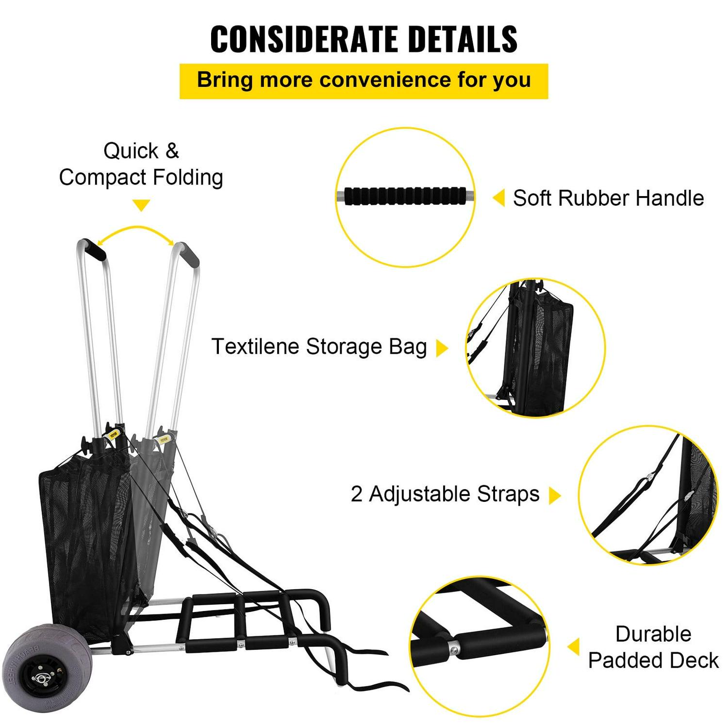 VEVOR Beach Carts for the Sand, w/ 10" PVC Balloon Wheels, 165LBS Loading Capacity Folding Sand Cart & 31.1'' to 49.6'' Adjustable Height, Heavy Duty Cart for Picnic, Fishing, Beach - Image 6