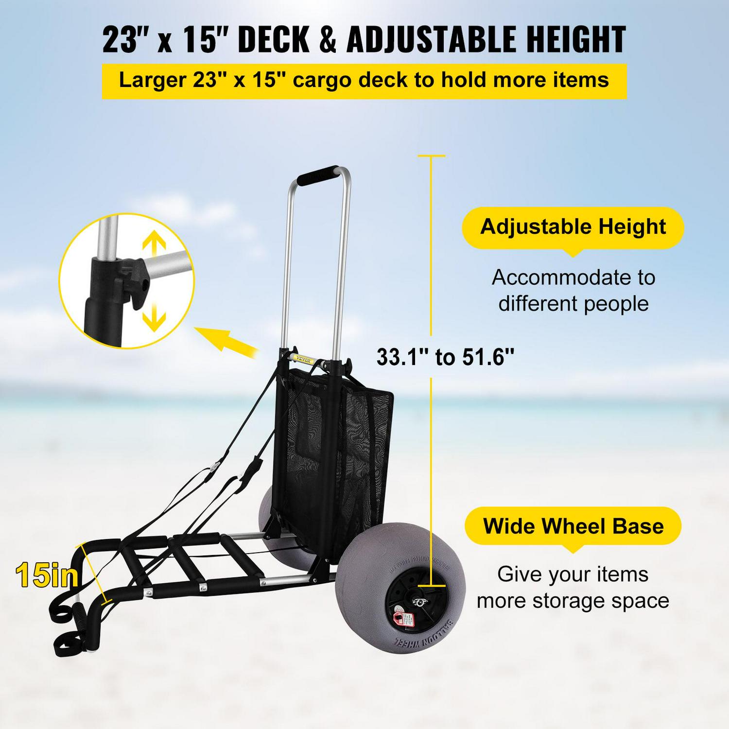 VEVOR Beach Carts for The Sand, w/ 12" TPU Balloon Wheels, 165Lbs Loading Capacity Folding Sand Cart & 33.1'' to 51.6'' Adjustable Height, Heavy Duty Aviation Aluminum Cart for Picnic - Image 3