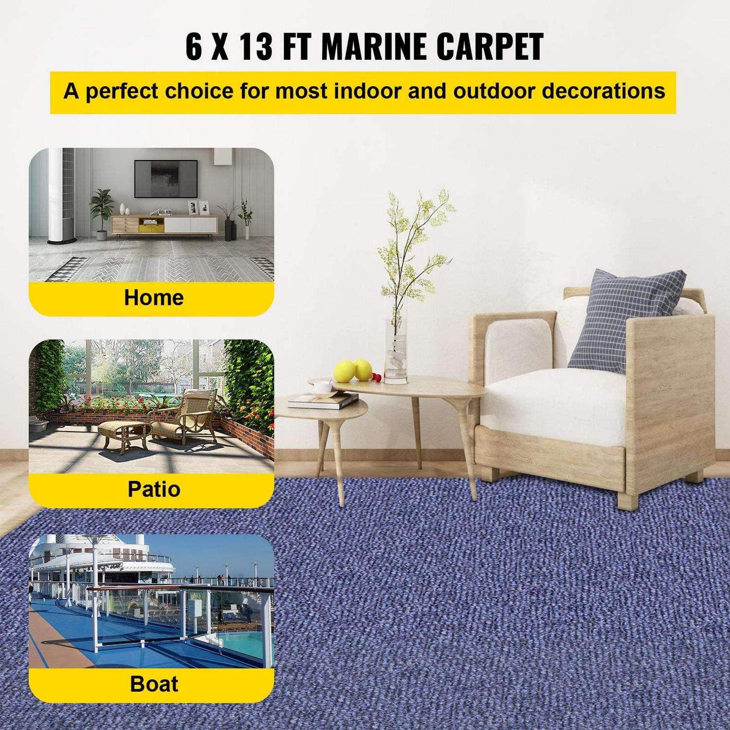 VEVOR Boat Carpet 6x13' Indoor Outdoor Marine Carpet Rug - Size Optional - 32 oz. waterproof patio Anti-slide rug, Blue - Image 2