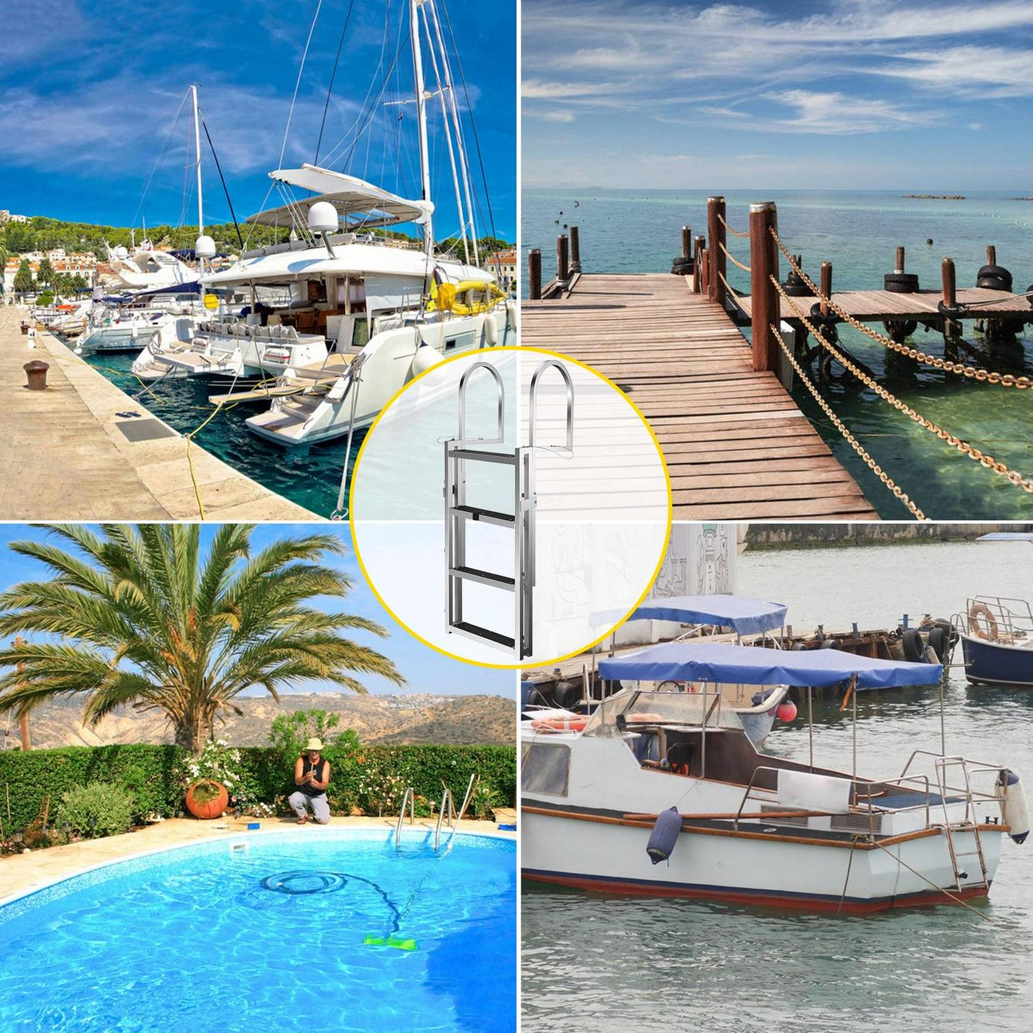 VEVOR Boat Ladder 4-Step with Rubber Mat, Aluminum Dock Ladder Adjustable Height w/Handrails, Heavy Duty Swim Pool Ladder 330lbs Capacity Fixed Dock Ladder Matte Finish - Image 7