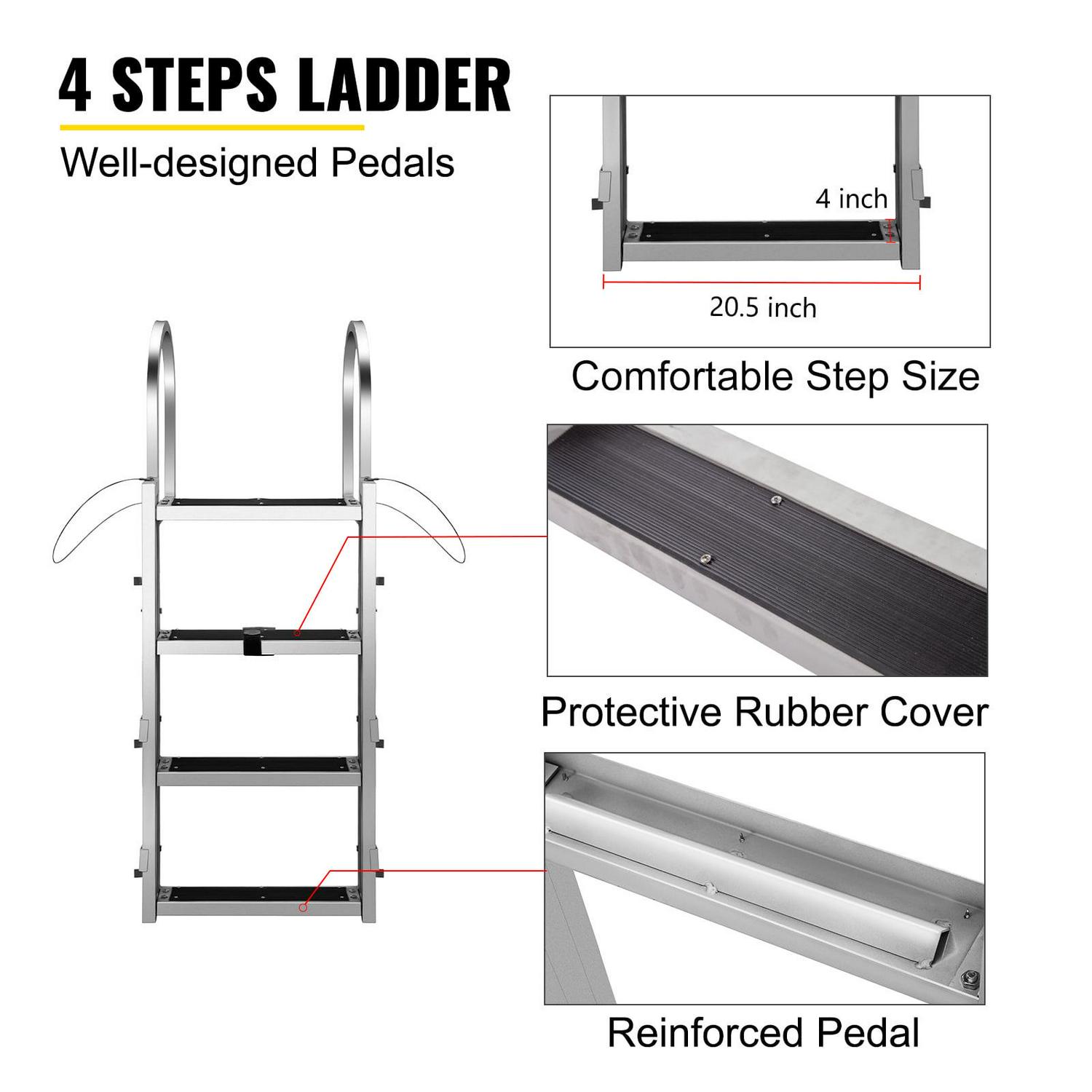 VEVOR Boat Ladder 4-Step with Rubber Mat, Aluminum Dock Ladder Adjustable Height w/Handrails, Heavy Duty Swim Pool Ladder 330lbs Capacity Fixed Dock Ladder Matte Finish - Image 3
