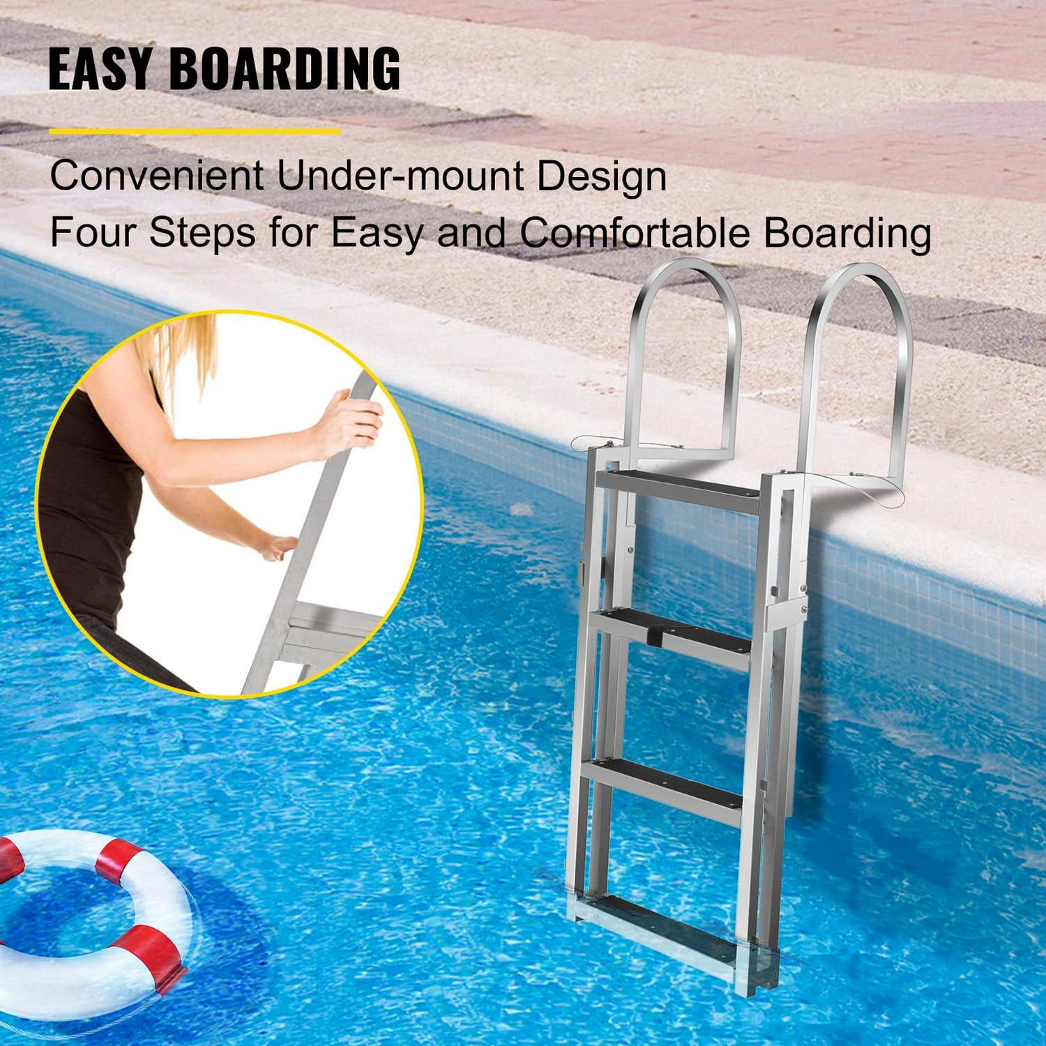 VEVOR Boat Ladder 4-Step with Rubber Mat, Aluminum Dock Ladder Adjustable Height w/Handrails, Heavy Duty Swim Pool Ladder 330lbs Capacity Fixed Dock Ladder Matte Finish - Image 6