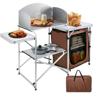 Bentism Camping Kitchen Station, Aluminum Portable Folding Camp Cook Table with Windshield, Storage Organizer and 4 Adjustable Feet, Quick Installation for Outdoor Picnic Beach Party Cooking, Brown