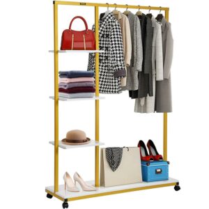 VEVOR Clothing Garment Rack, 39.4"x14.2"x59.1", Heavy-duty Clothes Rack w/ Bottom Shelf & Extra 3 Side Shelves, 4 Swivel Casters, Rolling Clothes Organizer for Laundry Room Retail Store Boutique, Gold
